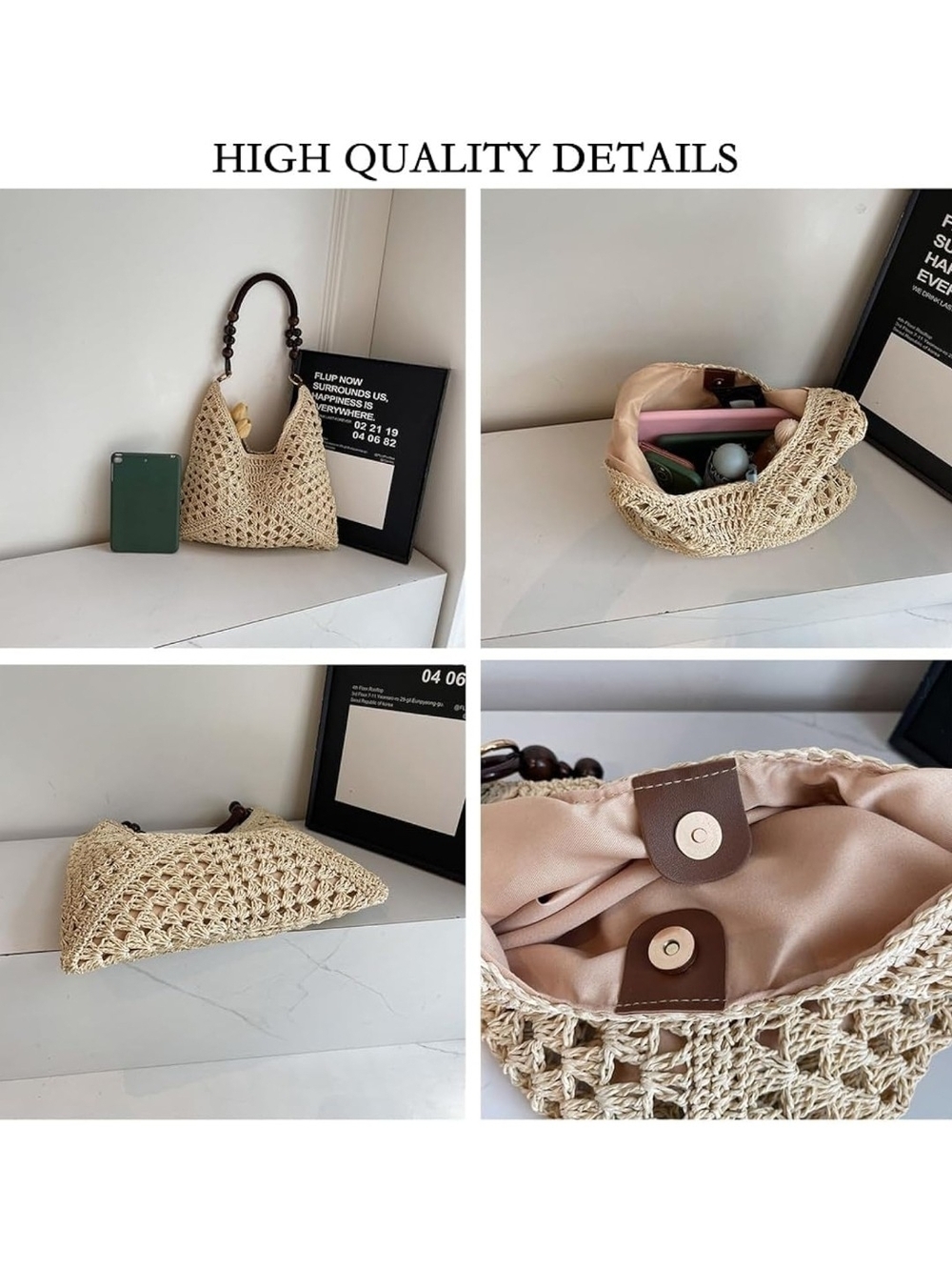 Woven Crochet Hobo Bag with Wooden Bead Handle - Black & Natural - Picture 3 of 6